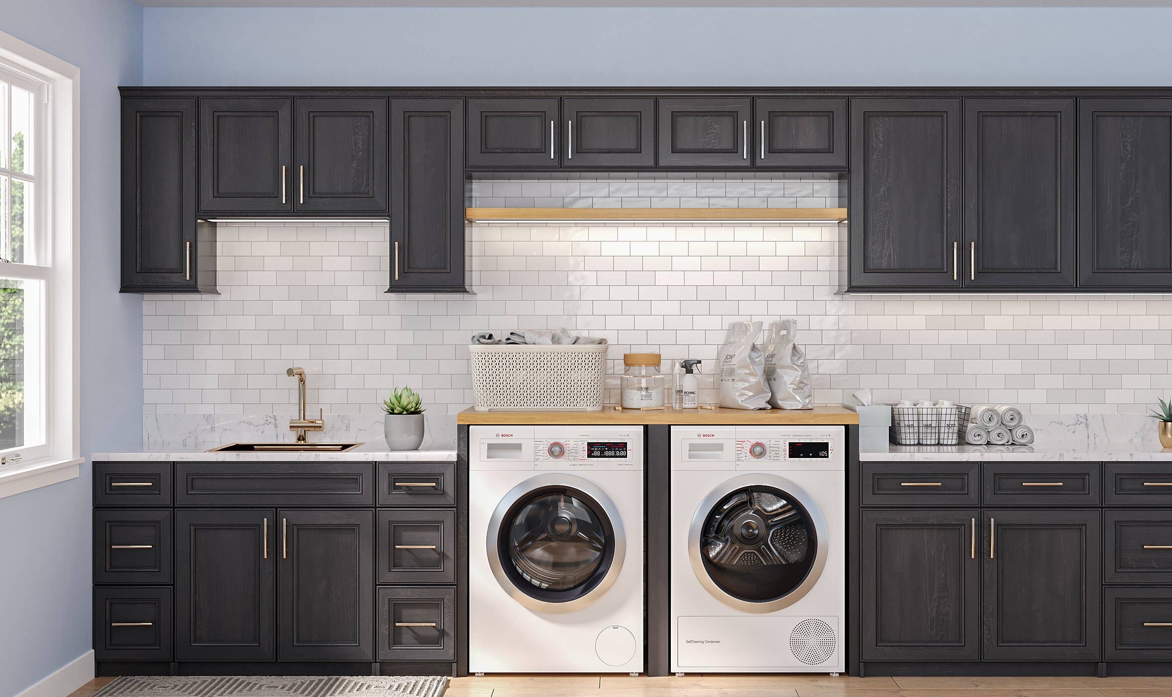 black or gray laundry room cabinets