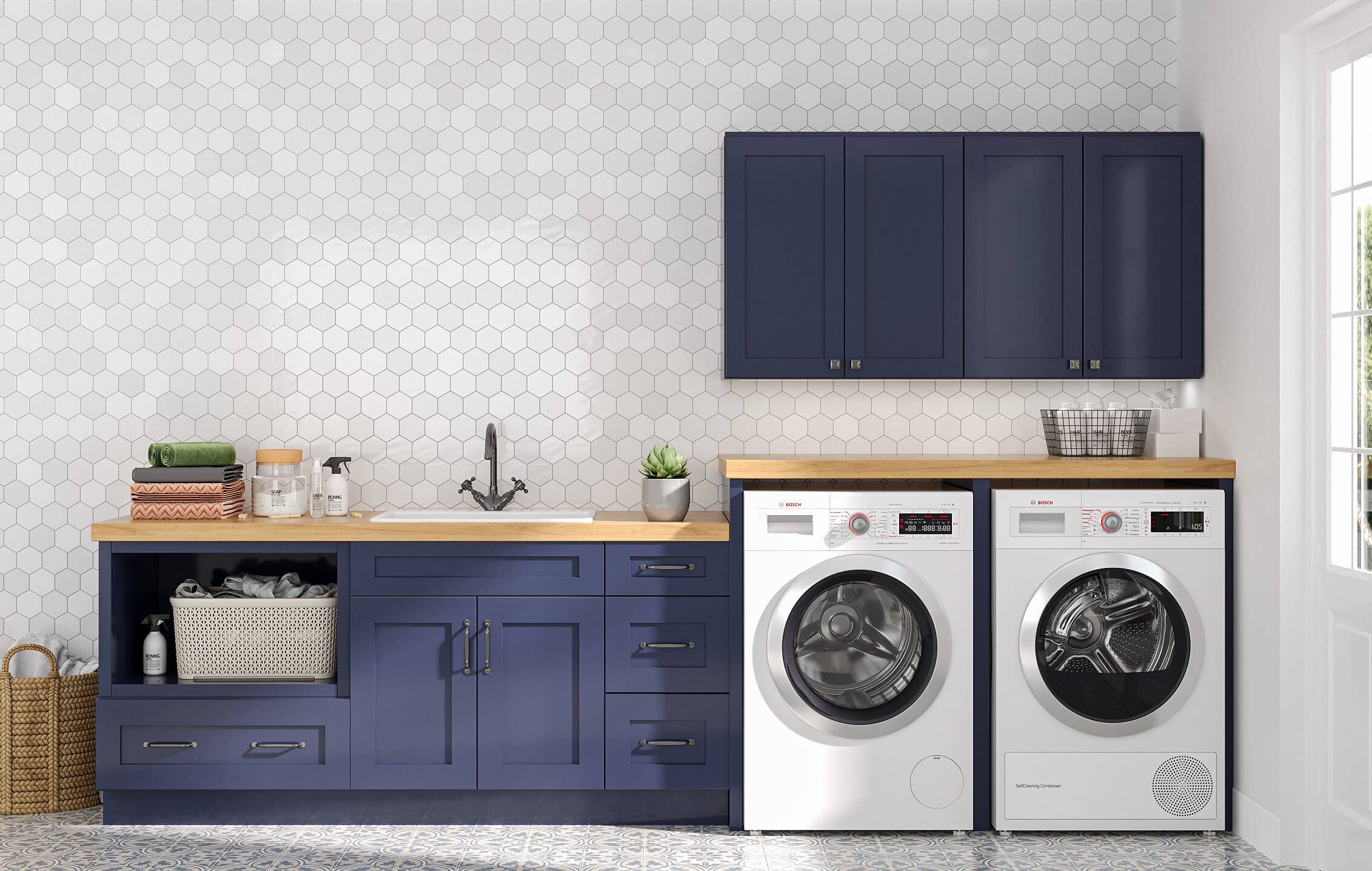 blue laundry room cabinets