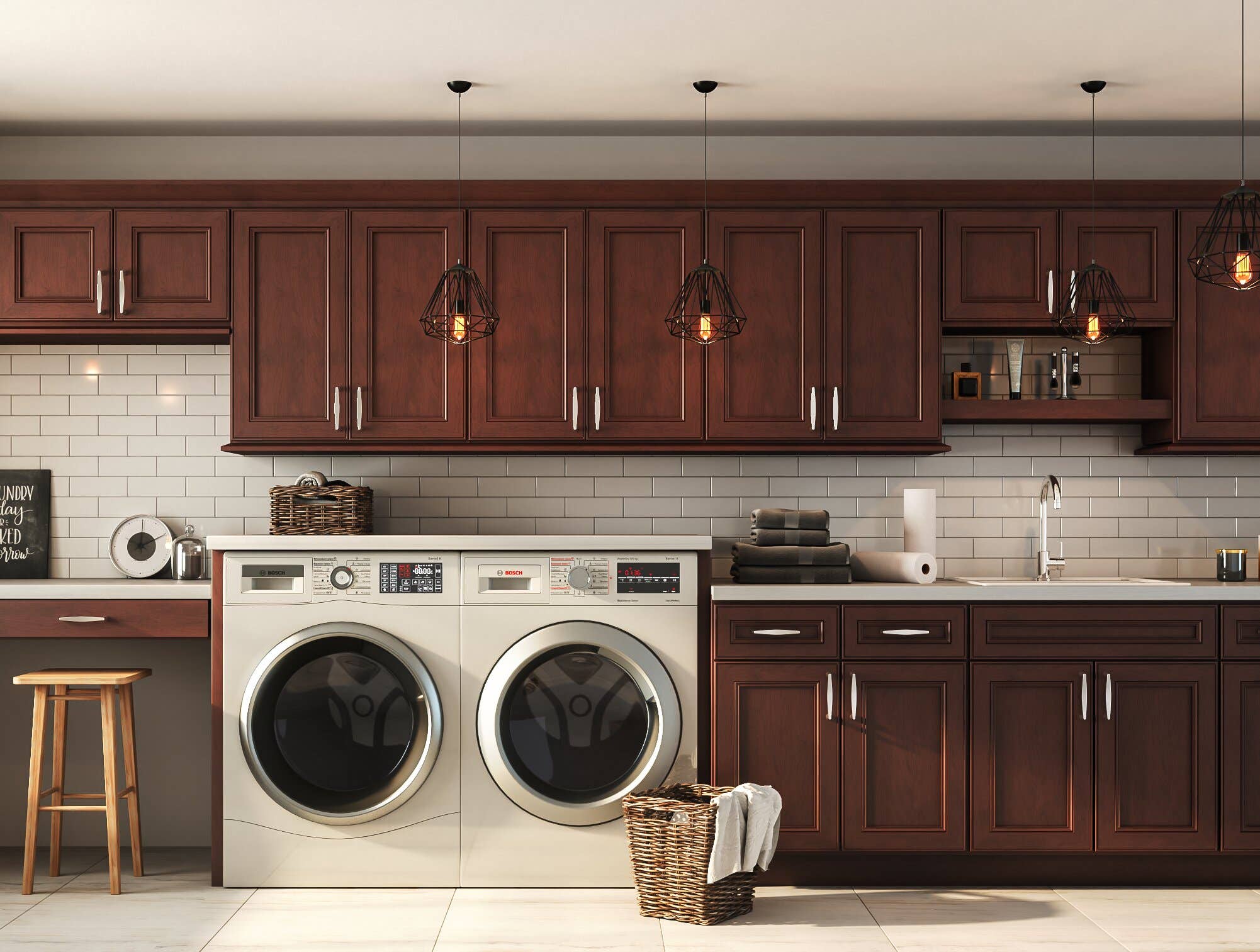 brown laundry room cabinets