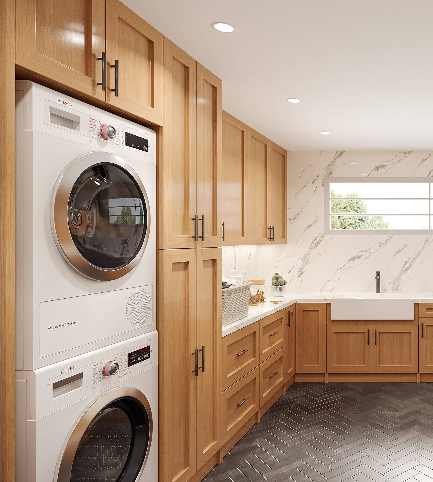 stained wood laundry room cabinets