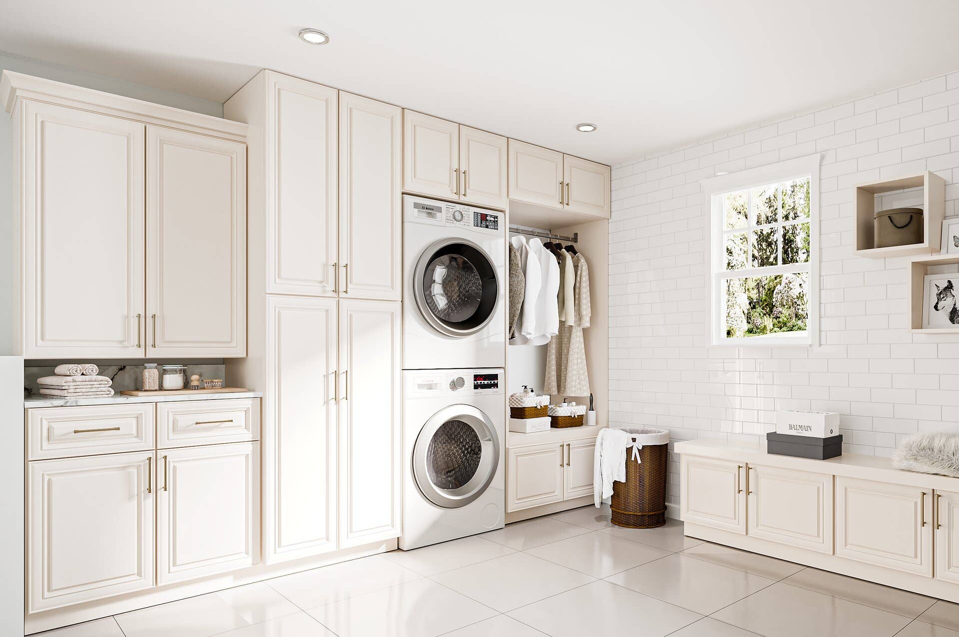 white laundry room cabinets with washer and dryer 