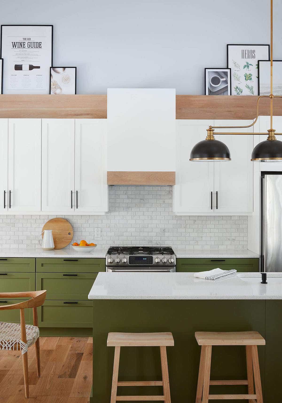 Green base and white wall kitchen cabinets