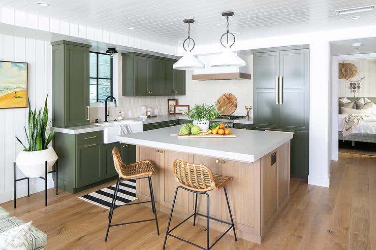 green and natural wood kitchen cabinets