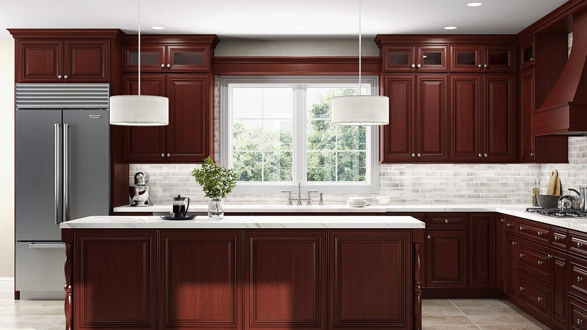 Charleston Cherry Kitchen Cabinets, Ready To Assemble Solid Wood Kitchen Cabinets