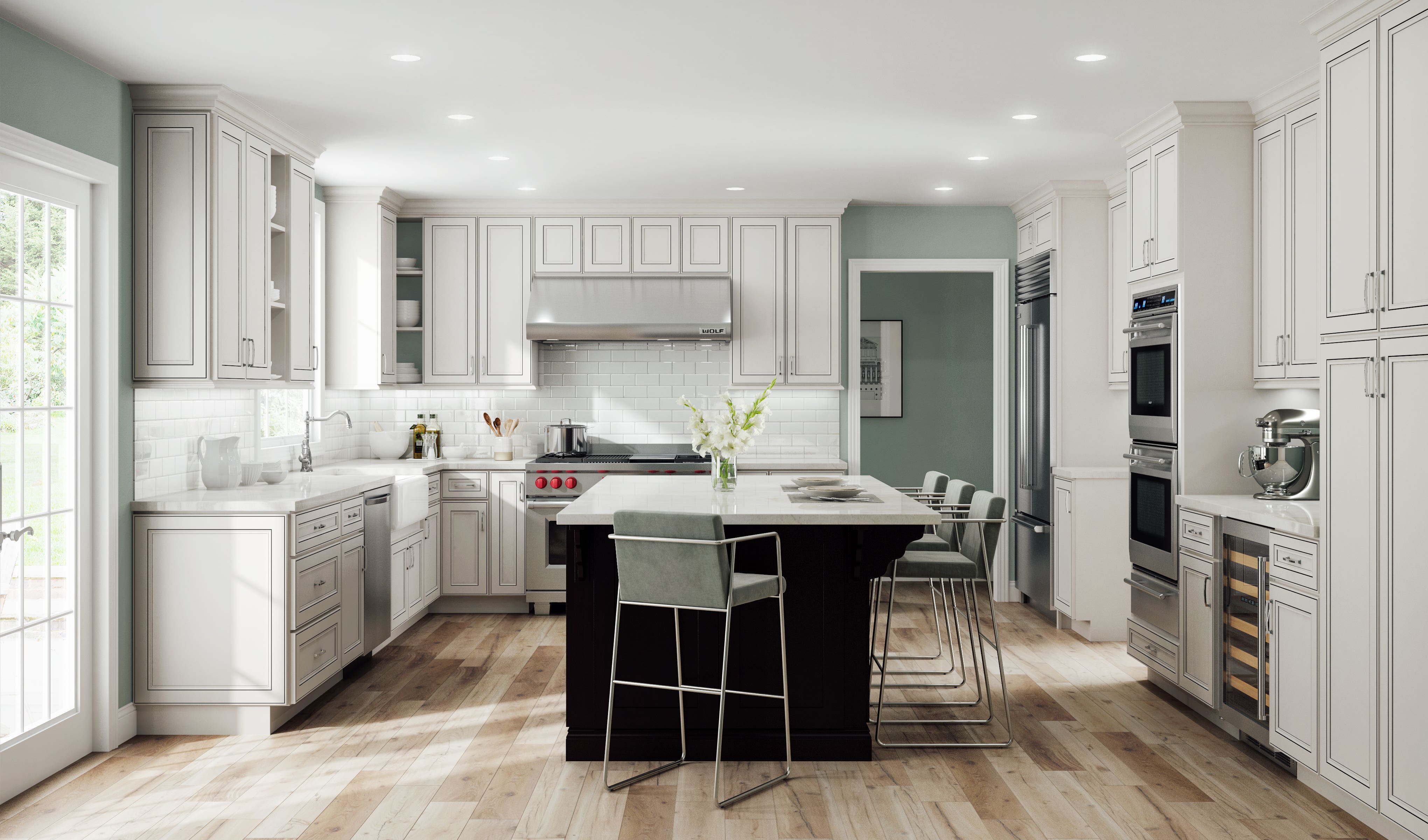 white kitchen cabinets with breakfast bar