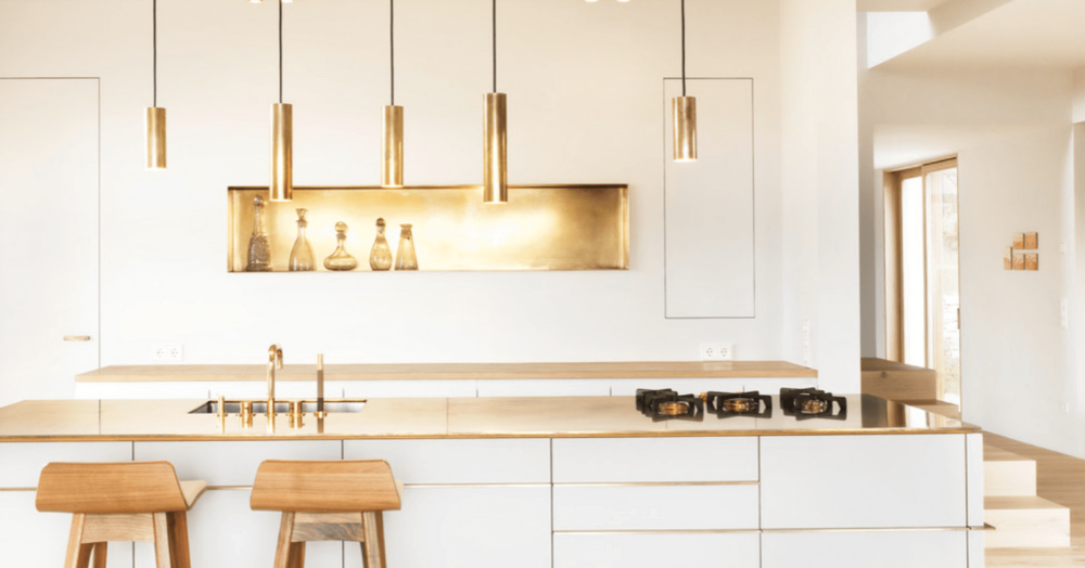 Contemporary White Kitchen With White Matte Appliances And Gold