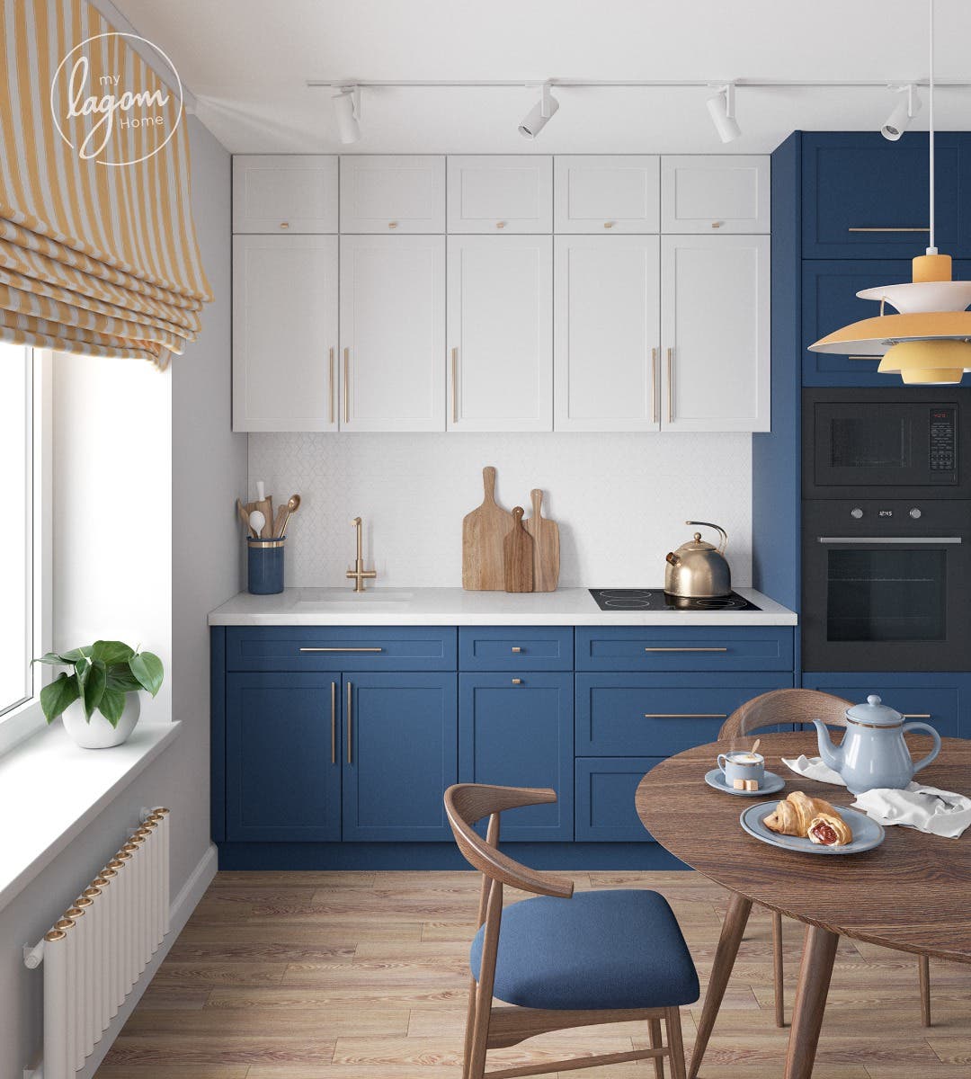 Blue lower kitchen cabinets