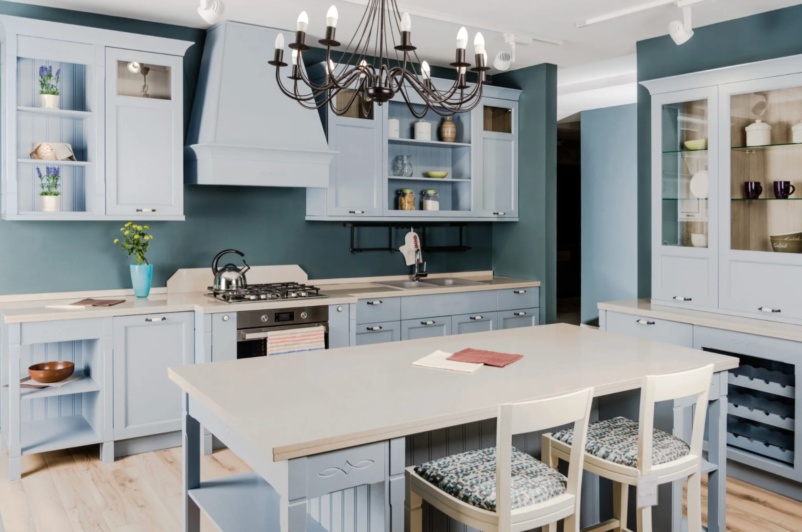 Blue wall color Paired with light colored cabinetry