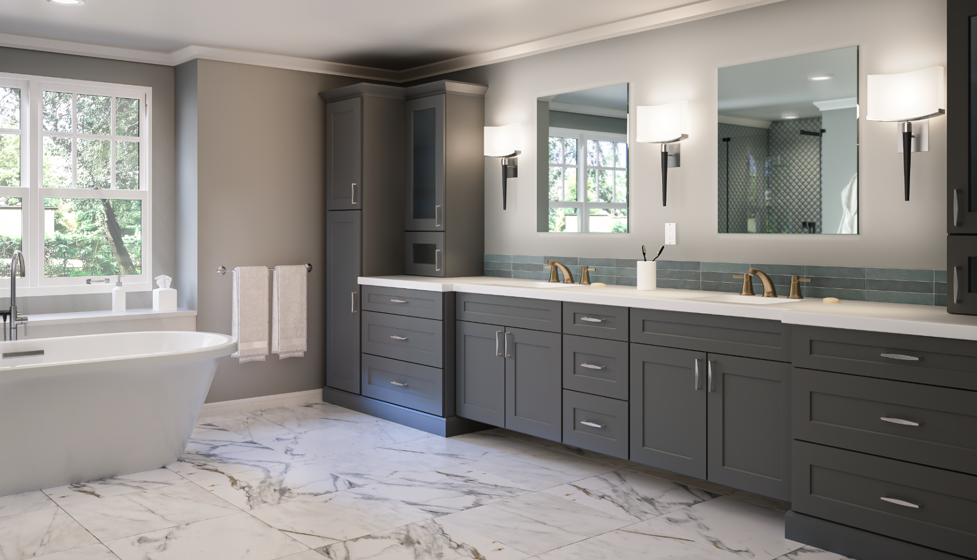 Gray Bathroom vanities with silver pulls, white countertops, wall lamps, 2 large mirror, Freestanding tub and towel handle
