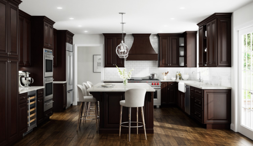 brown kitchen cabinets with hardwood floors