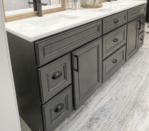 Bathroom Vanity with white countertop and Matt fixtures and fittings