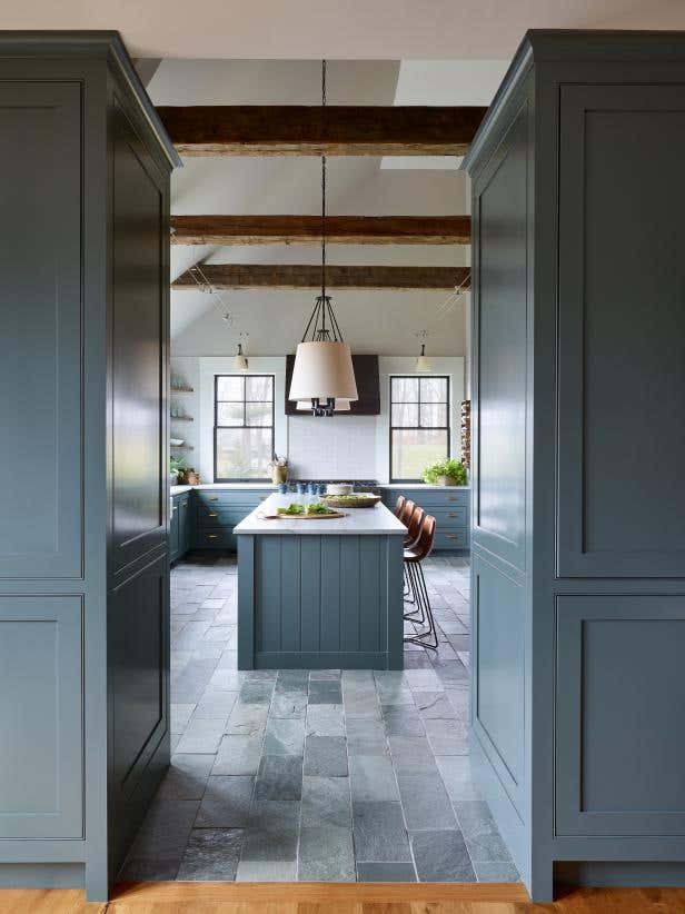 Beautiful grey-ish blue color Kitchen cabinets paired with white wall