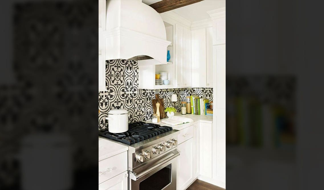 black and white tile backsplash looks like a piece of modern art in this white kitchen design