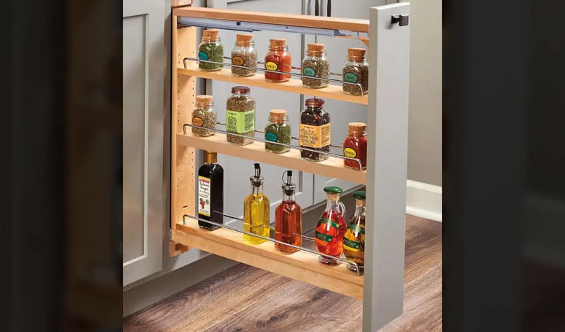 Base Cabinet Pull-out Organizer with Soft-Close Glides in grey cabinets
