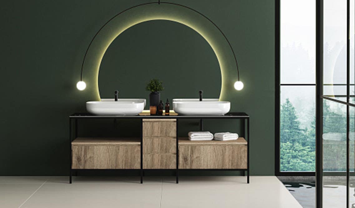 stylish bathroom design with open vanity with double ceramic sink and light fixture