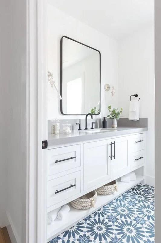 beautiful white shaker bathroom cabinets with large square mirror