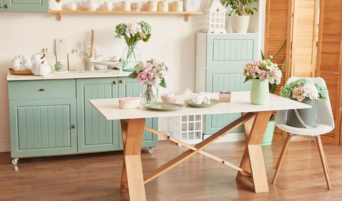 Kitchen with Beadboard Panels Cabinets