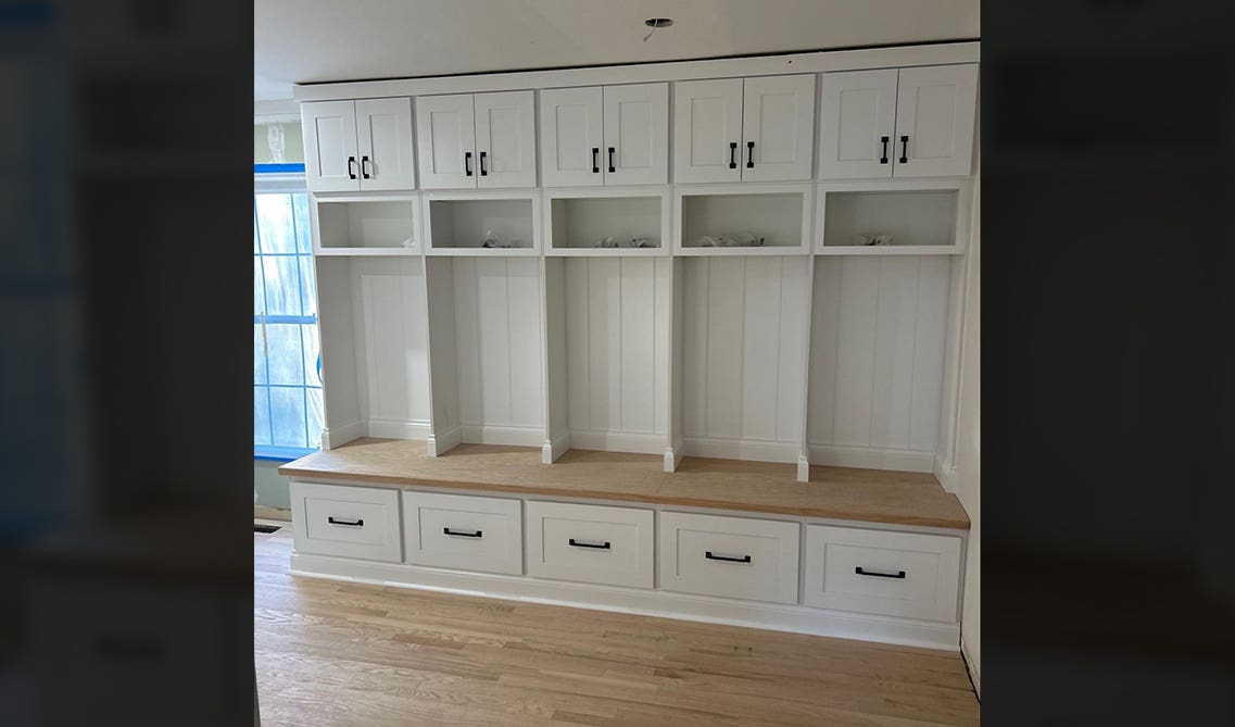 Built-In Mudroom Bench, Shelf, and cabinets