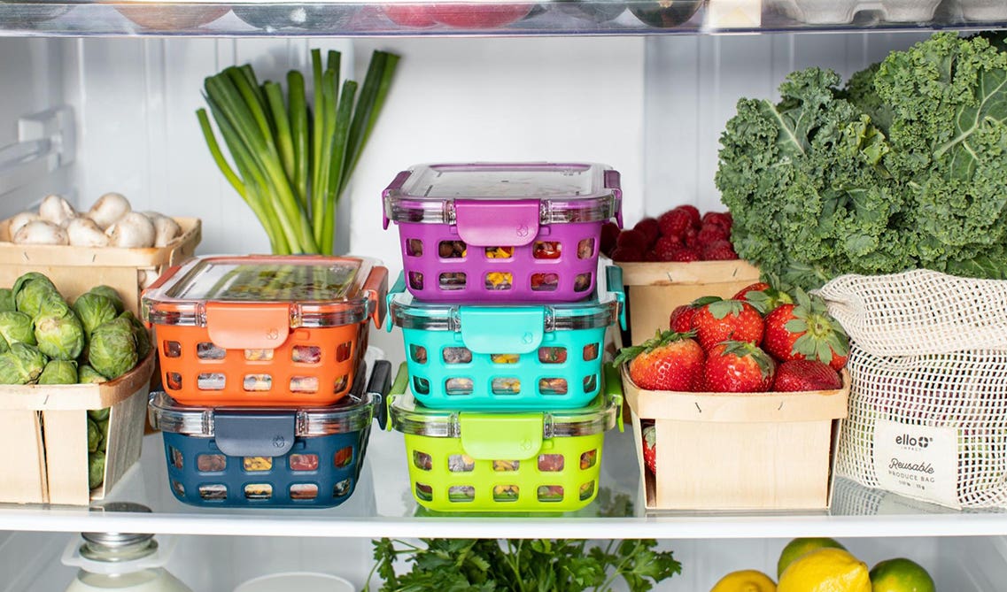 Fridge shelves with Bins and containers, vegetables and fruits 