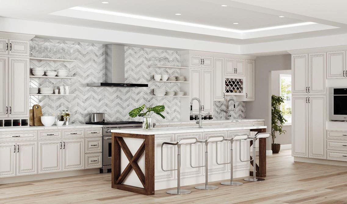 kitchen with white cabinets, floating shelves, small functional island and stainless steel appliances