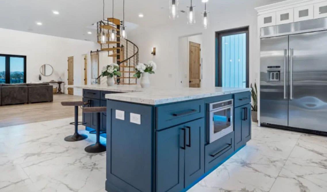 White and blue cabinets kitchen