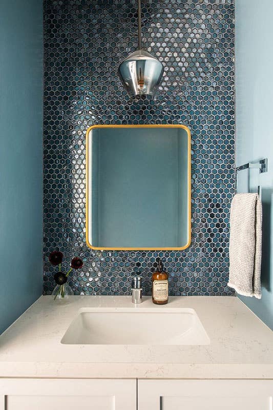 Powder Room with Mosaic Tile Backsplash