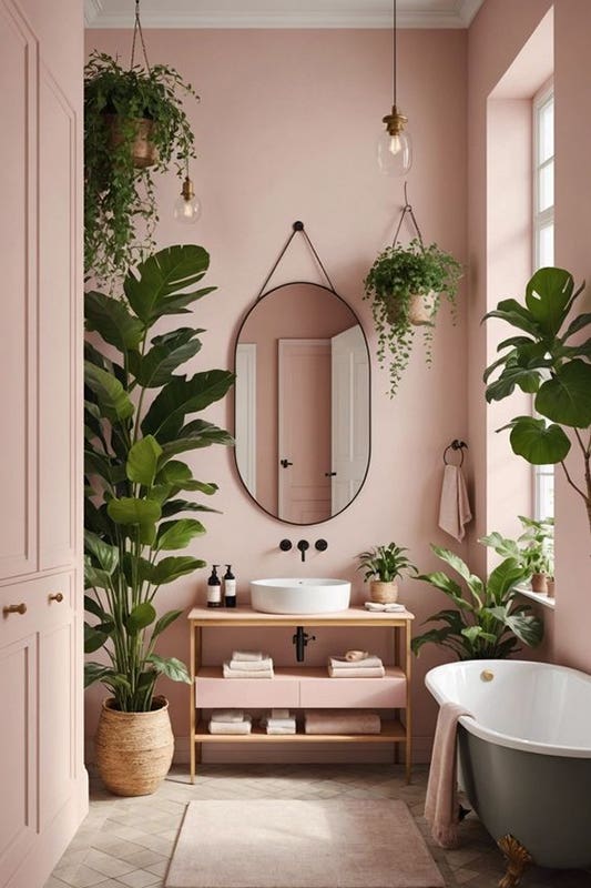 Blush Pink Bathroom design paired with wooden vanity, plant decor, bathtub and tile floor