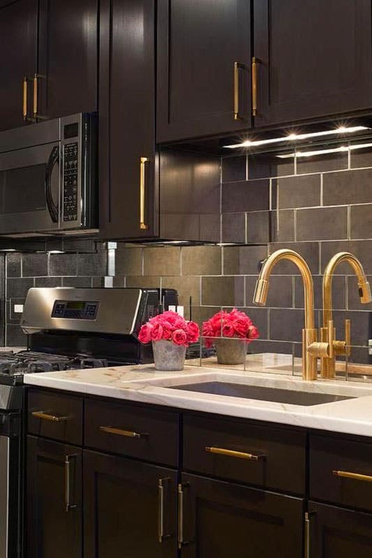 Kitchen design with Brown Cabinets With Gold Hardware