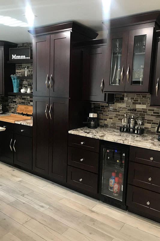 Kitchen design with Brown Cabinets With Silver Hardware