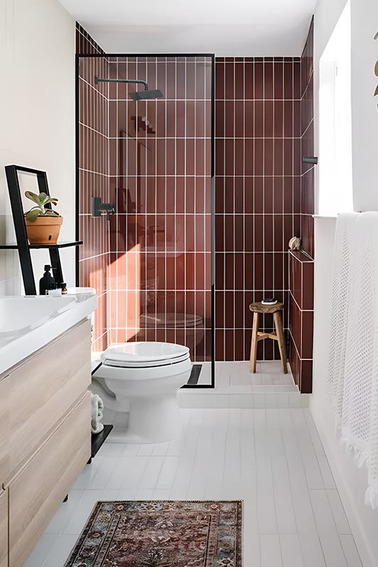bathroom shower design with brown wall subway tile