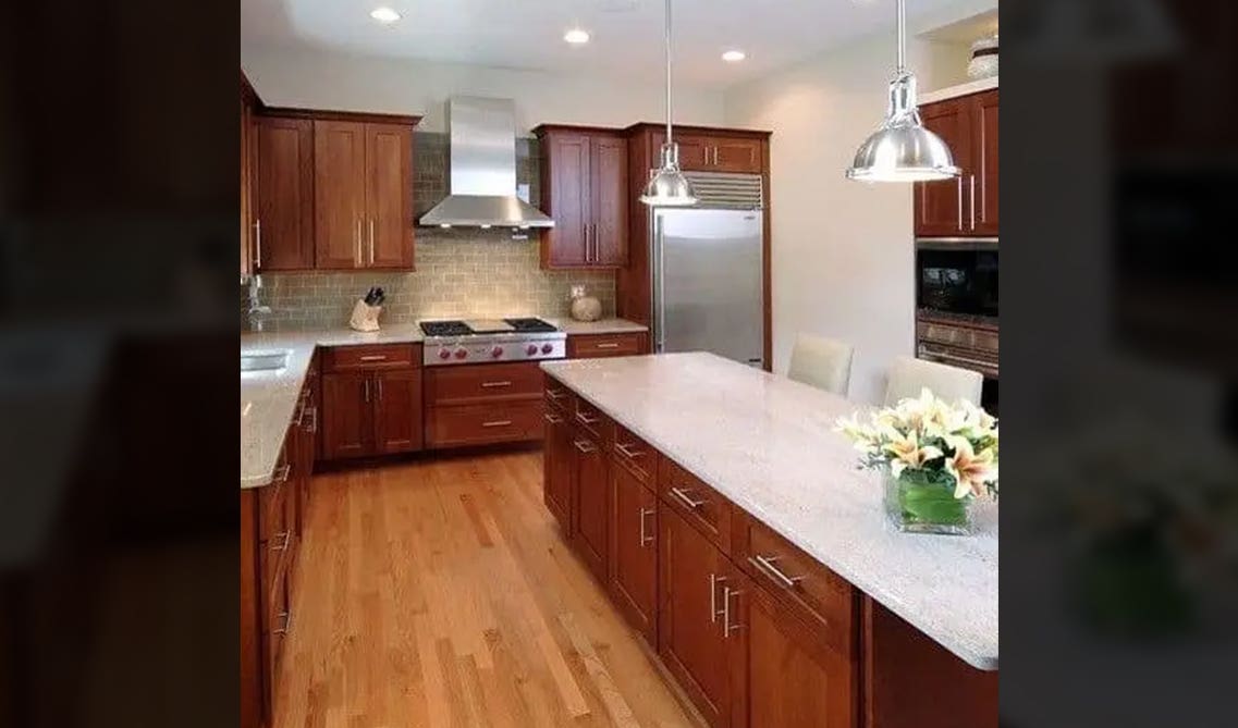 Modernize Cherry Cabinets With New Appliances & Hardware, white countertop