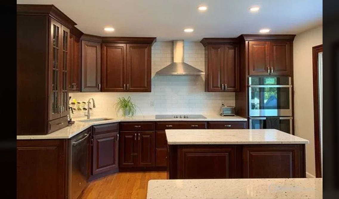 Cherry Cabinets With White Accents