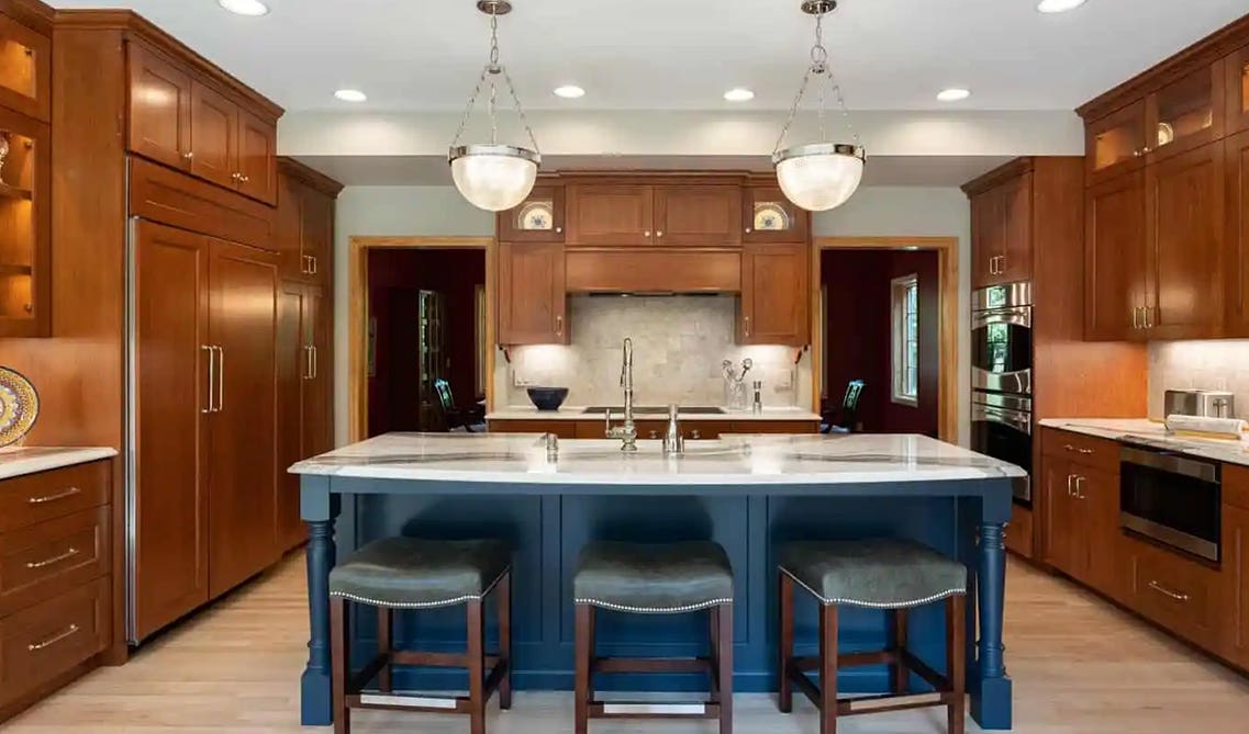 Cherry Kitchen Cabinets with Blue Island