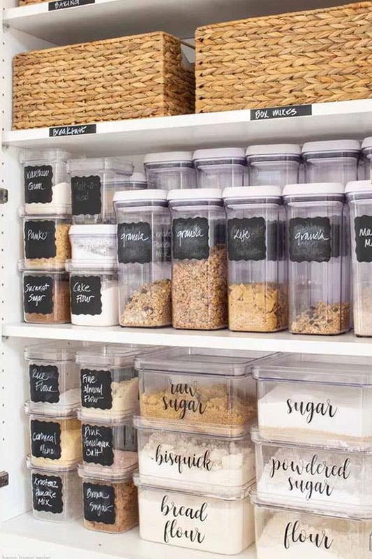 Stackable containers and baskets in pantry