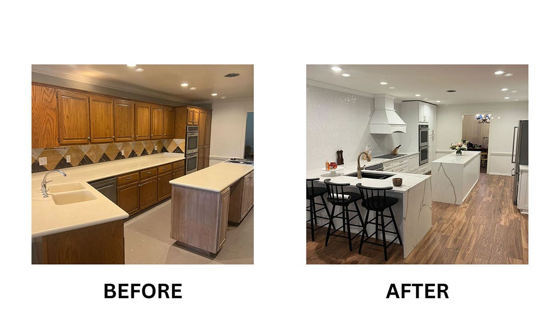 Picture of before and after DIY makeover with Colorado White Shaker kitchen cabinet