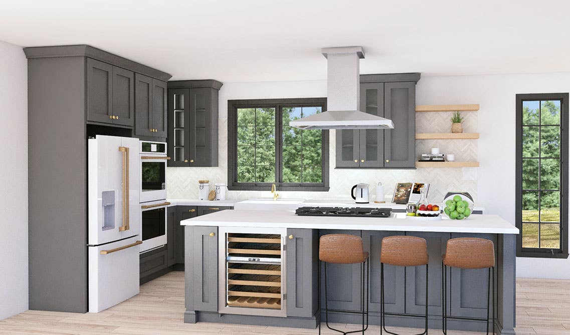 Contemporary kitchen design paired with gray gray cabinets, white appliances, white countertop and wooden flooring