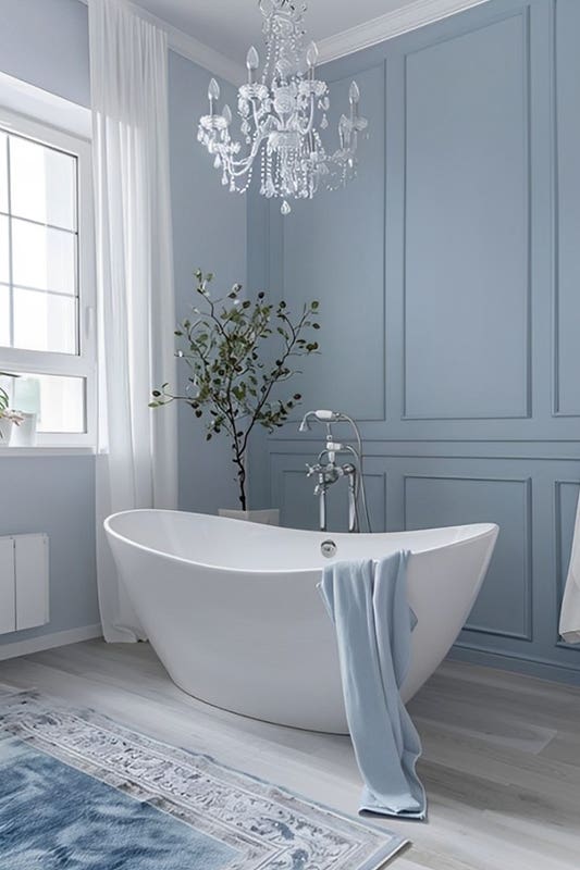 Cool Blue bathroom paired with free standing bathtub and wooden flooring 