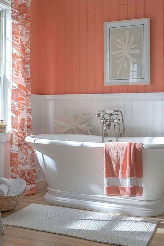 Coral bathroom paired with white free standing bathtub and wooden flooring
