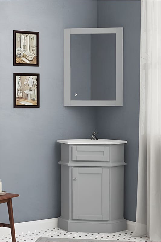 Single sink corner bathroom vanity with wall mirror