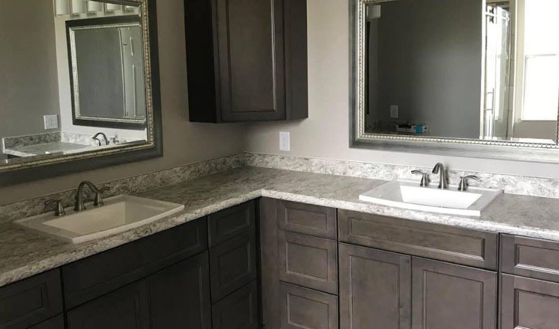 Dark Brown bathroom corner cabinet and vanity with marble countertop and sink, 2 large mirror with lamp lights