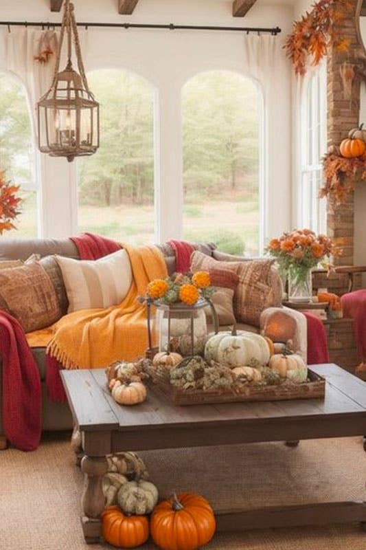 Fall decoration with soft and plush throws, warm and inviting rugs, and textured cushions.