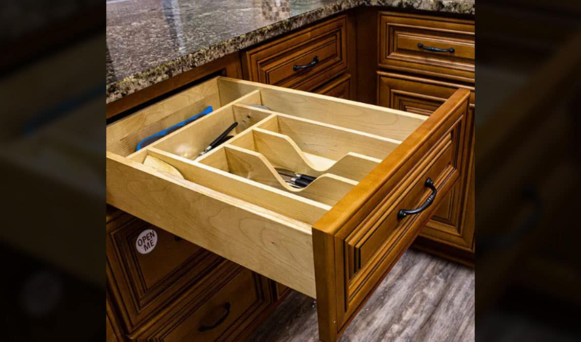 Cut-To-Size Wood Cutlery Tray Insert in white cabinets