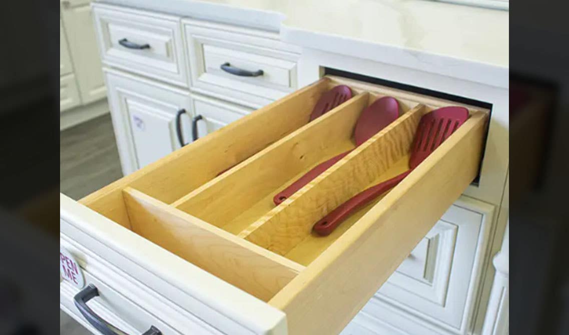 Cut-To-Size Wood Utility Tray Insert in white cabinets