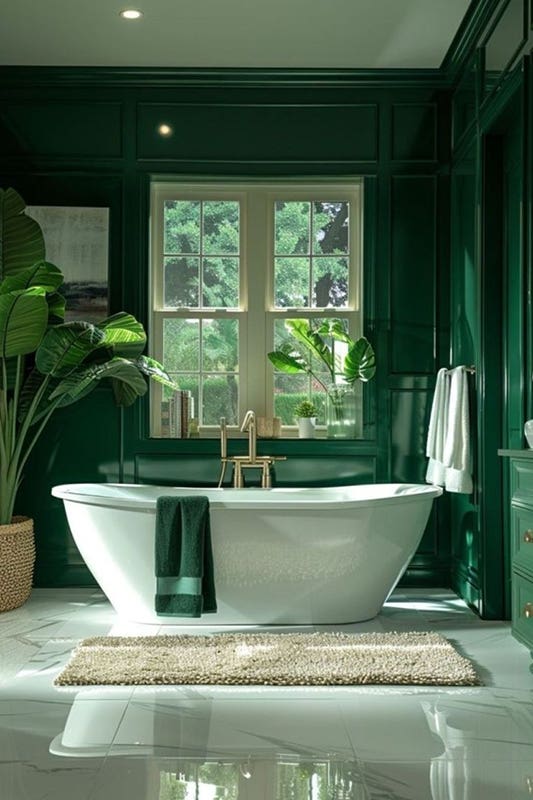 Deep Green Bathroom Design paired with white free standing tub and tile flooring