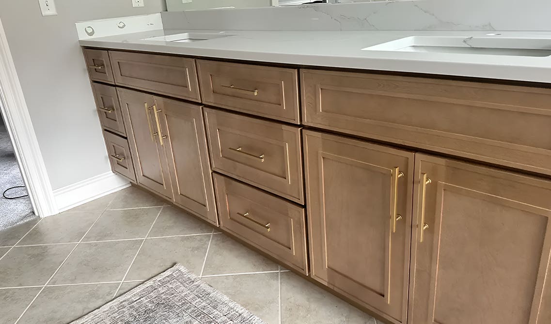 Double sink natural wood bathroom vanity with white countertop 