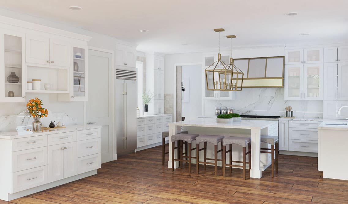 kitchen with white cabinets and small island, white countertop and lighting fixtures