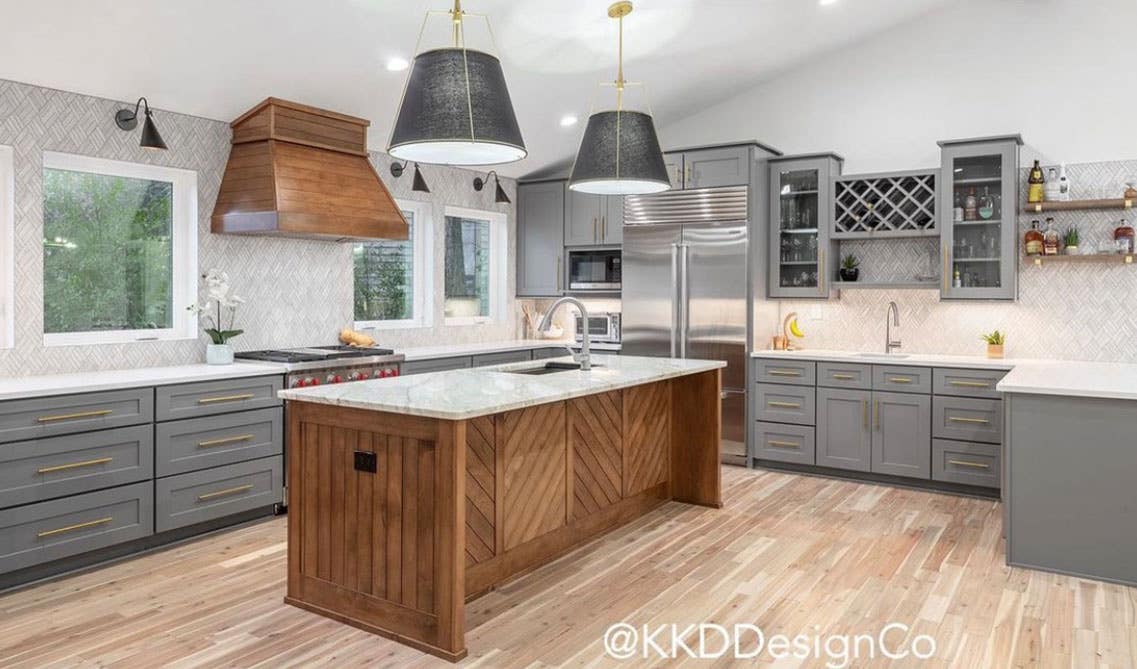 Elegant kitchen with Gray kitchen cabinets and Gold Accent