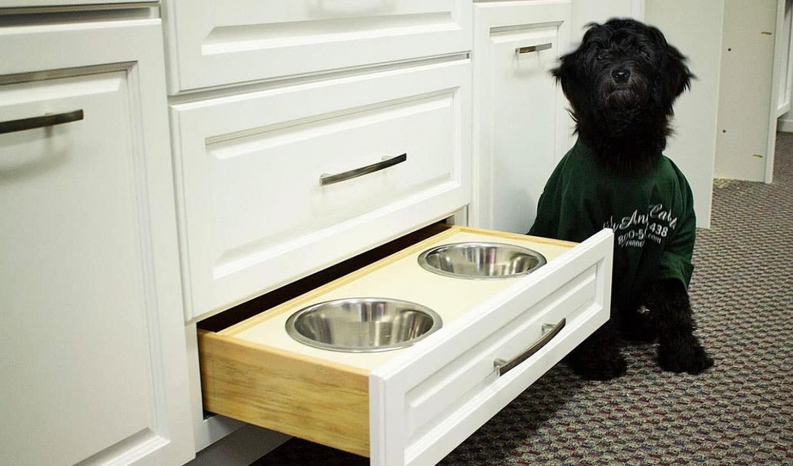 Pull-out storage white cabinets with cute puppy