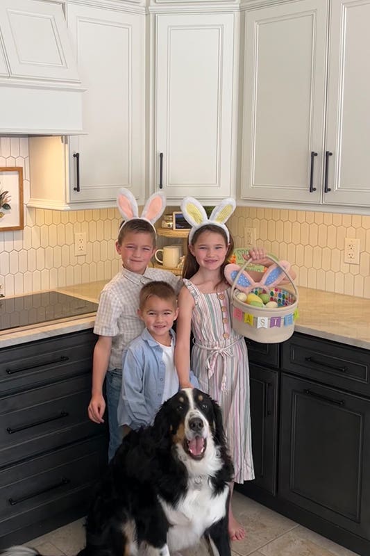 Easter Kitchen Decor with 3 little kids and dog