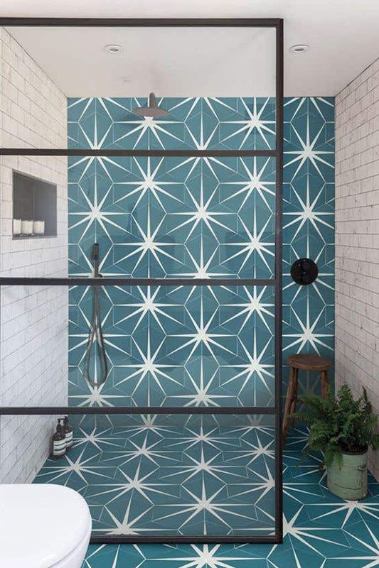 bathroom design with eye catching shower tiling